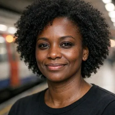 Woman in her early 40s, dark skin, natural afro, calm expression