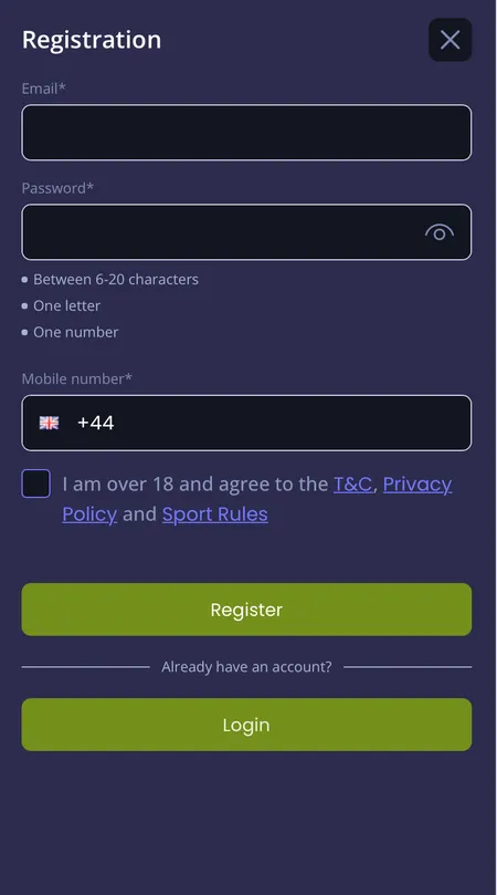 Jazzy Spins registration form on screen